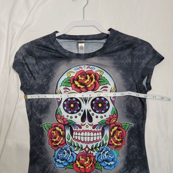 SUGAR SKULL Halloween floral short sleeve burnout‎ tee shirt M - Picture 5 of 6